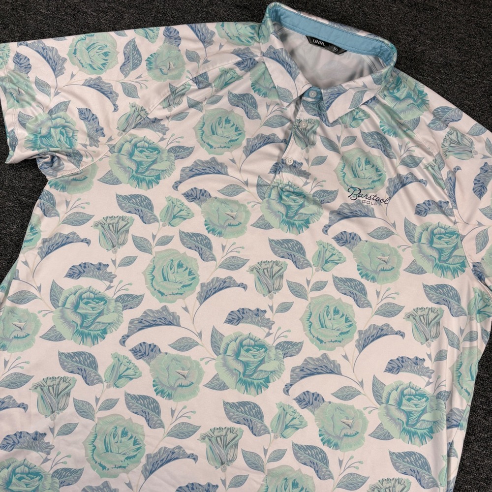 UNRL Barstool Golf Polo Mens 3XL Blue Floral Rose Print Athletic Fit Polo